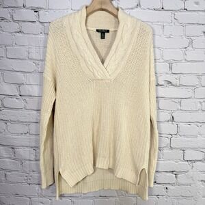Lauren Ralph Lauren Chunky Sweater M Cream Cable Knit Collar Fisherman High Low
